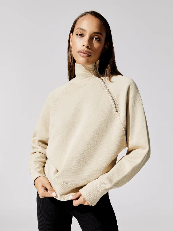 sweatshirts with knot -So Uptight Funnel Neck Zip Sweatshirt - Sand