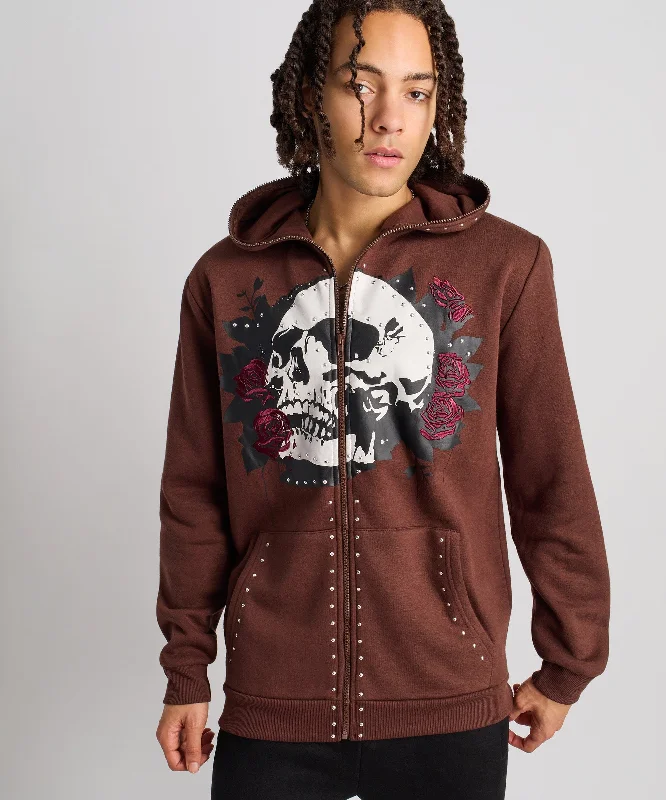 hoodie with haunted mansion print-Grind Over Glory Rhinestone Full Zip Hoodie - Brown