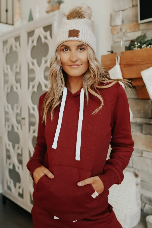 baseball pullover hoodie-Drawstring Burgundy Fleece Hoodie