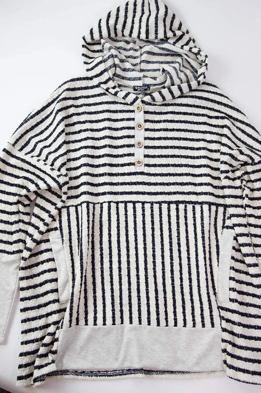 hoodie with futuristic design-Amalia Stripe Contrast Hoodie, Cream/Black | Extended Sizes