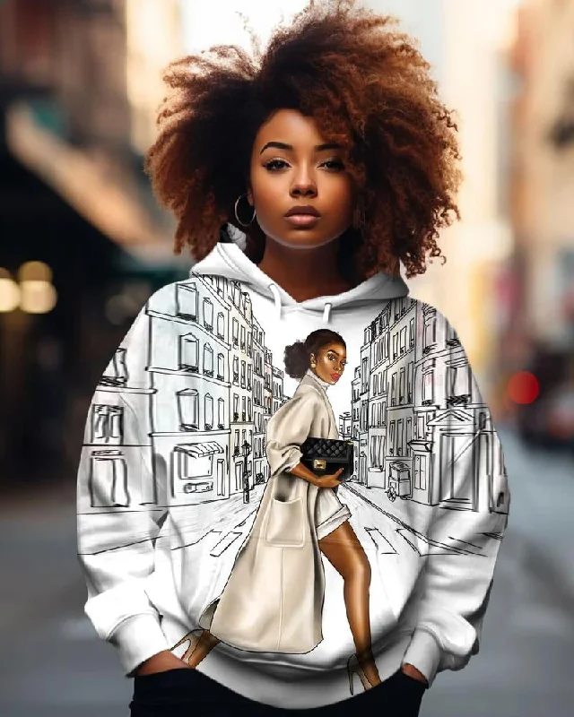 fleece-lined hoodie-Black Girl Street Sketch Print Hoodie