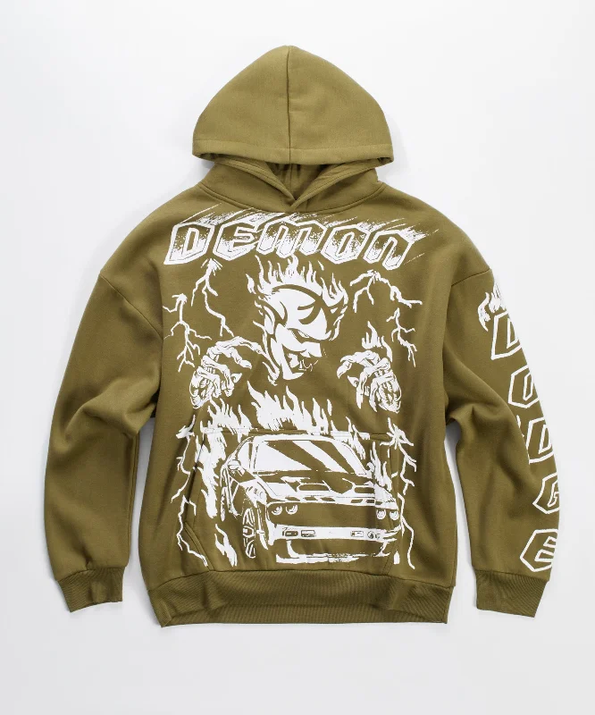 hoodie with invisible pockets-Dodge Demon Oversized Hoodie - Olive Green