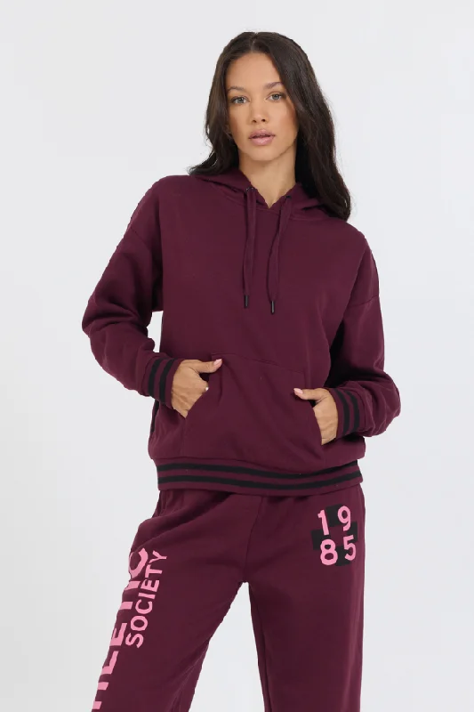 gym hoodie-Cabernet W/ Rose Printed Heavy Surf Wash Hoodie