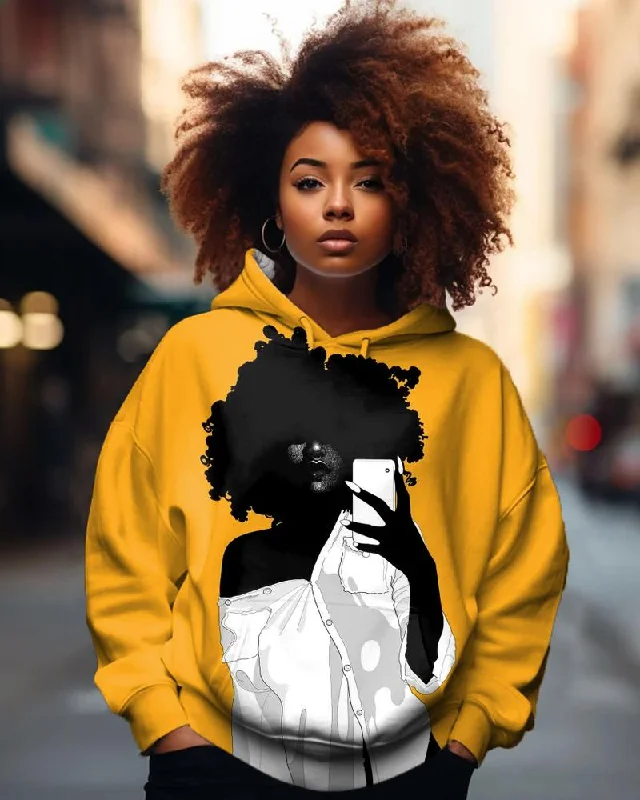 wrestling hoodie-Black Color Afro Girl Personality Print Hoodie