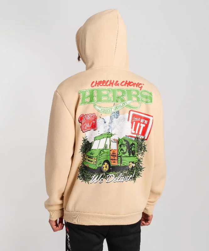 built-in face mask hoodie-Cheech & Chong Back Print Hoodie - Khaki