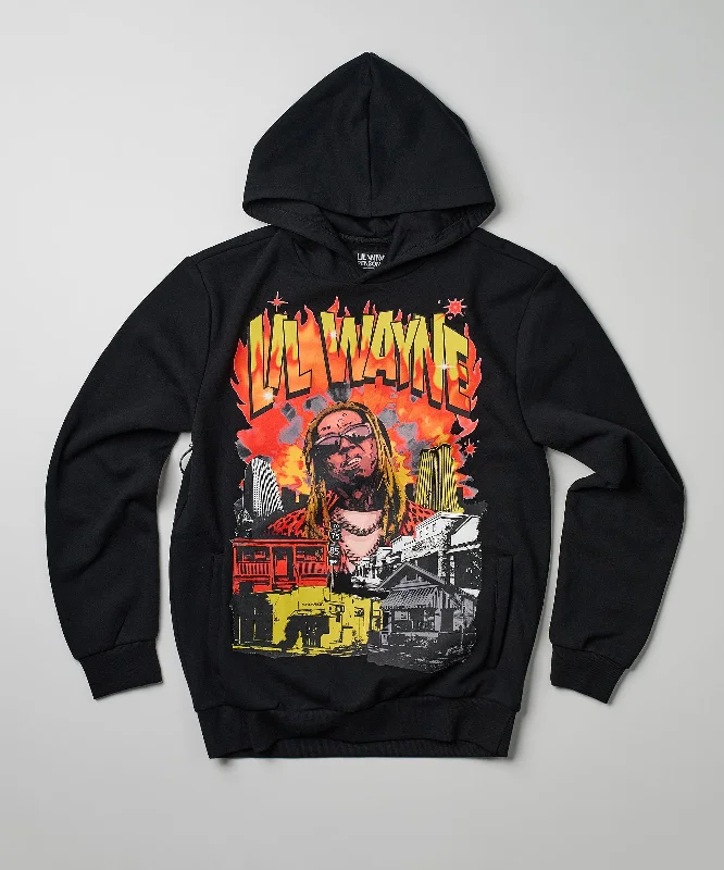 fire print hoodie-Lil Wayne New Orleans Hoodie - Black