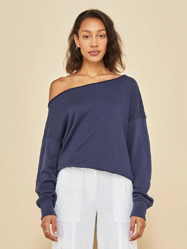 sweatshirts for chilly -Off Shoulder Sweatshirt in French Terry - Evening Blue