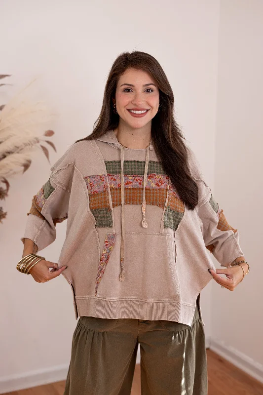 beach hoodie-Patchwork Trends Washed Taupe Hoodie