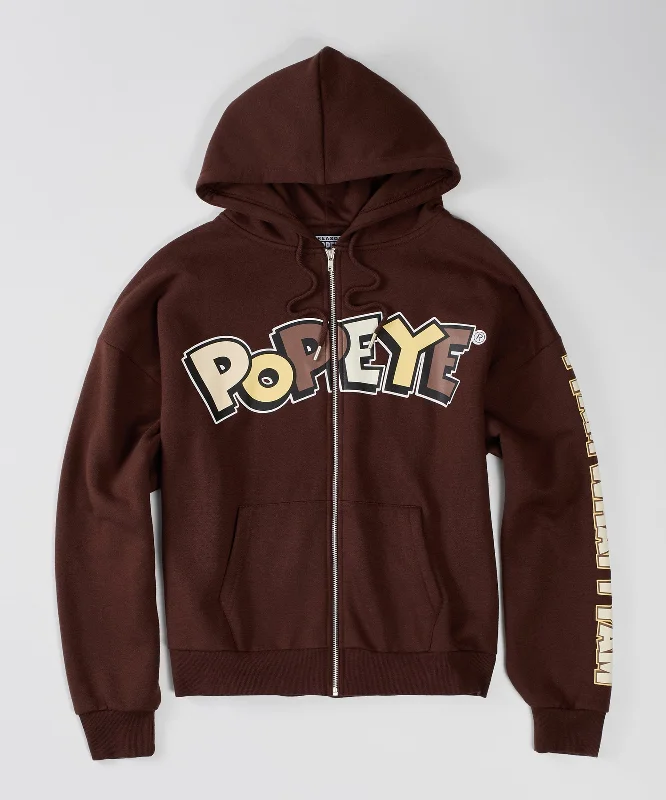 hoodie with metal skull art-Popeye Full Zip Back Print Hoodie - Brown