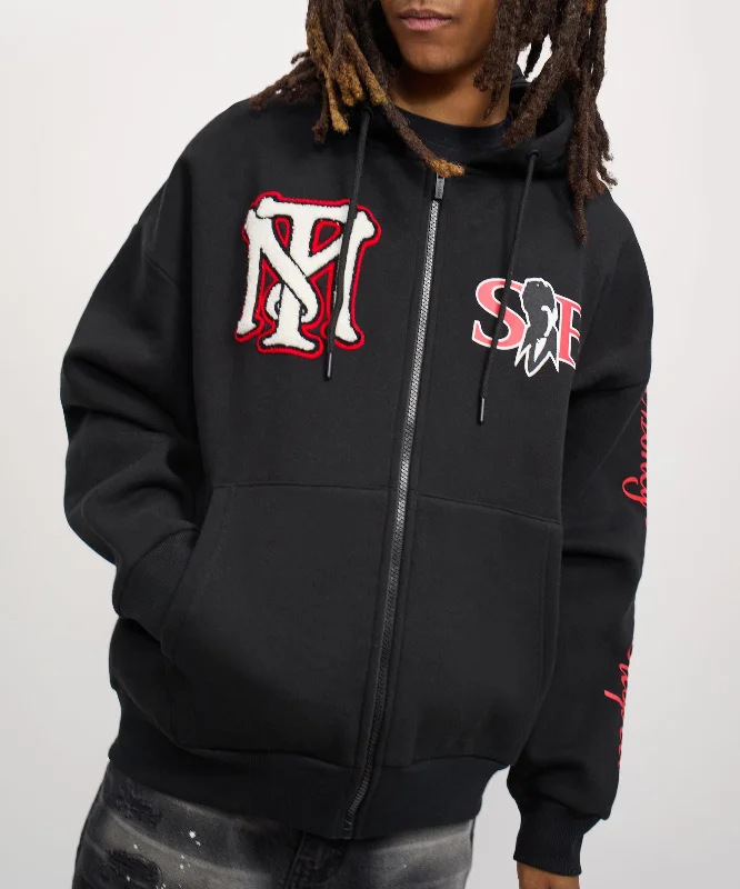 hoodie with boombox print-Scarface Respect Chenille Patched Full Zip Hoodie - Black