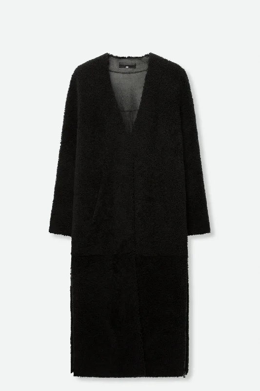 jacket for autumn outings -SHEARLING LONG COAT WITH SIDE VENT ZIP