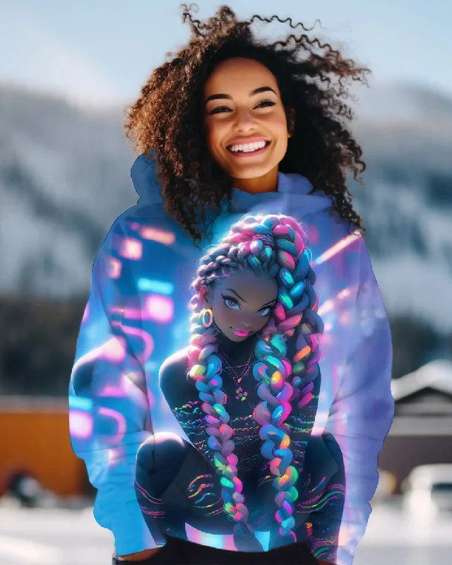 hoodie with holographic print-Purple Hair Cartoon Girl Long-sleeved Hoodie