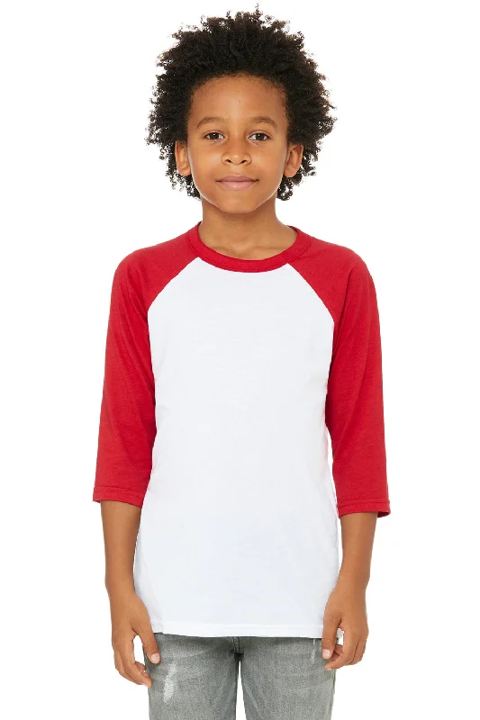 durable purple T-shirts -Bella + Canvas Youth 3/4 Sleeve Crewneck T-Shirt - White/Red