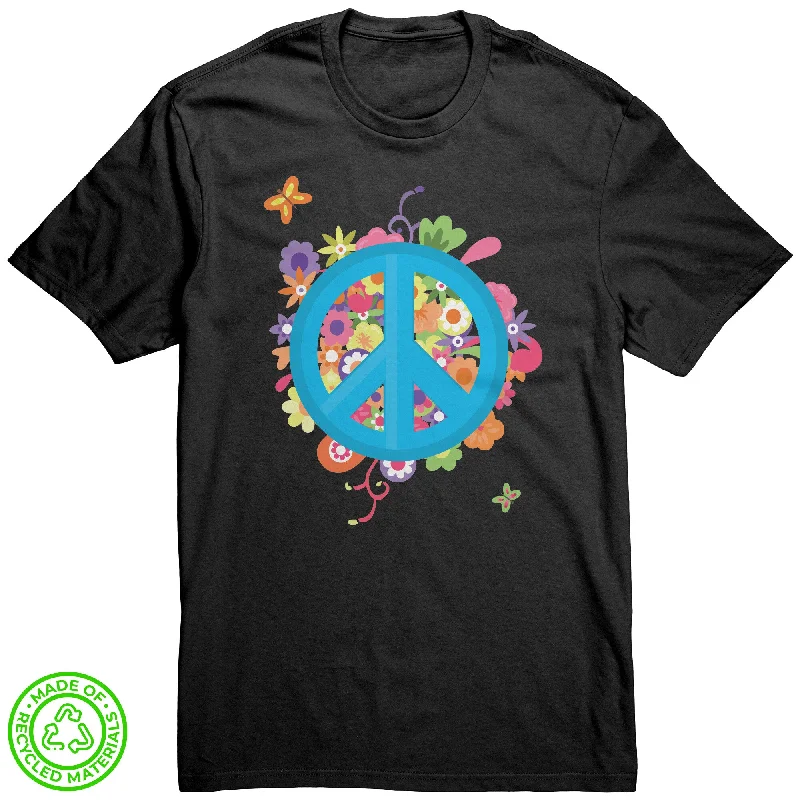 women’s blue T-shirts -Floral Peace Sign 100% RECYCLED Fabric T-Shirt