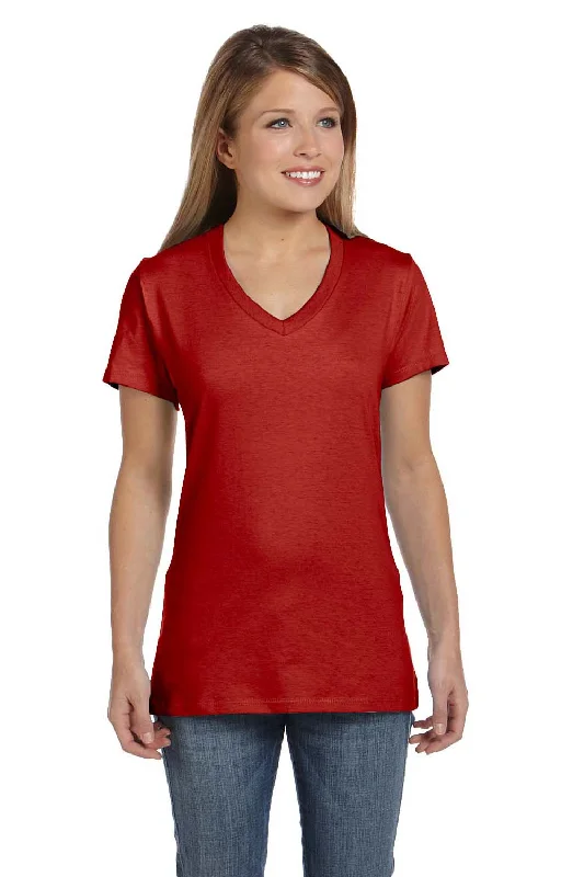 polyester brown T-shirts -Hanes Womens Nano-T Short Sleeve V-Neck T-Shirt - Deep Red