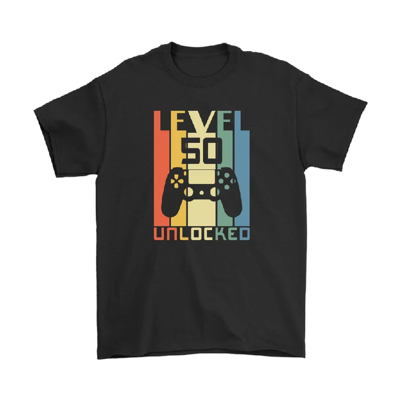 neon blue T-shirts -LEVEL 50 Unlocked, 50th Birthday Gaming, Gamer T-Shirt