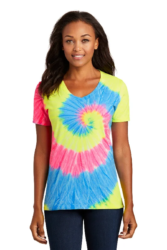 moisture-wicking red T-shirts -Port & Company Womens Tie-Dye Short Sleeve V-Neck T-Shirt - Neon Rainbow