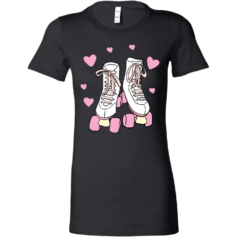 cotton black T-shirts -Retro White and Pink ROLLER SKATES Women's T-Shirt