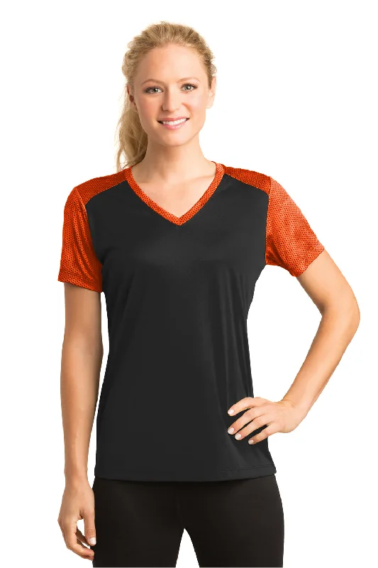 plus-size grey T-shirts -Sport-Tek Womens CamoHex Moisture Wicking Short Sleeve V-Neck T-Shirt - Black/Neon Orange - Closeout