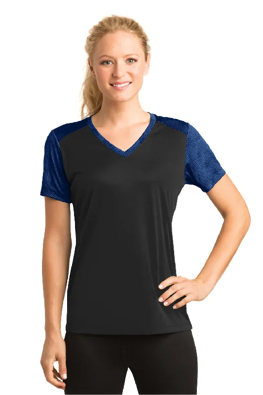 distressed black T-shirts -Sport-Tek Womens CamoHex Moisture Wicking Short Sleeve V-Neck T-Shirt - Black/True Royal Blue - Closeout