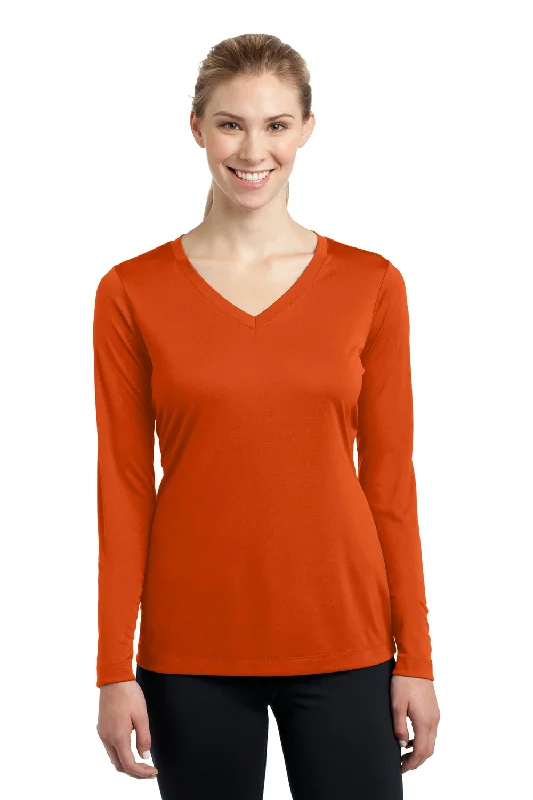 pastel orange T-shirts -Sport-Tek Womens Competitor Moisture Wicking Long Sleeve V-Neck T-Shirt - Deep Orange - Closeout