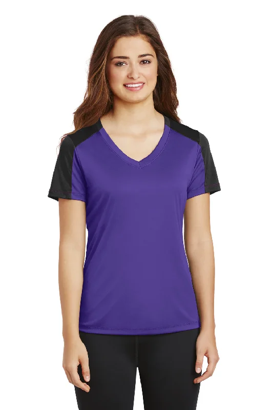 festival brown T-shirts -Sport-Tek Womens Competitor Moisture Wicking Short Sleeve V-Neck T-Shirt - Purple/Black - Closeout