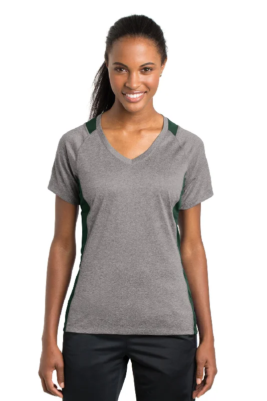 lightweight teal T-shirts -Sport-Tek Womens Contender Heather Moisture Wicking Short Sleeve V-Neck T-Shirt - Heather Vintage Grey/Forest Green - Closeout