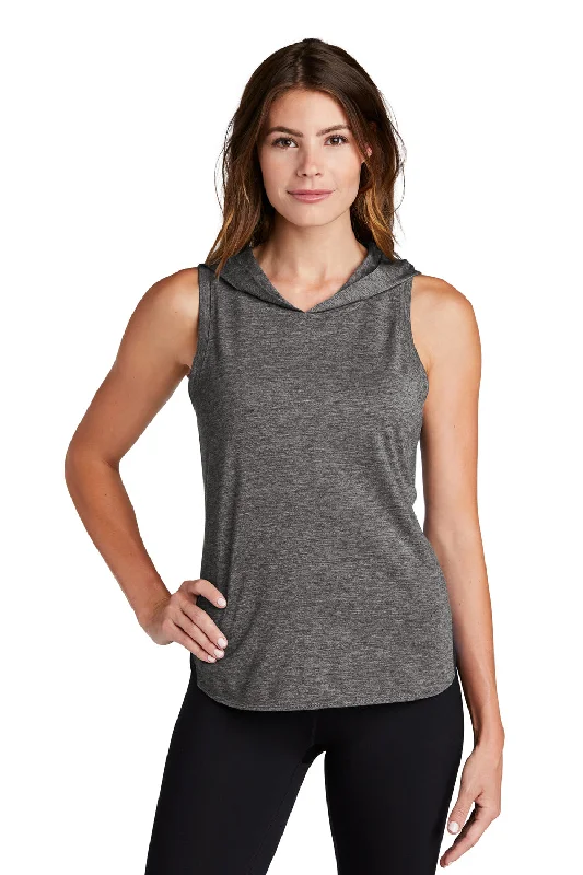 distressed maroon T-shirts -Sport-Tek Womens Draft Moisture Wicking Hooded Tank Top Hoodie - Black/Heather Dark Grey