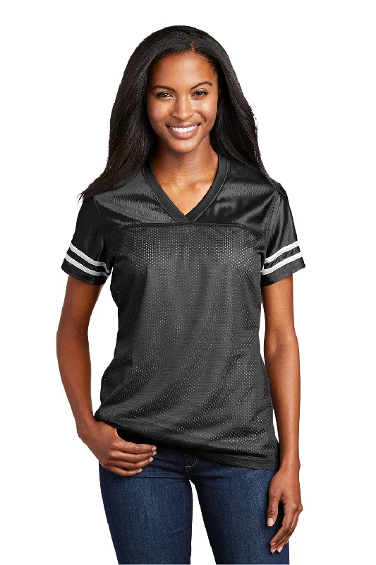 athletic blue T-shirts -Sport-Tek Womens Short Sleeve V-Neck T-Shirt - Black/White