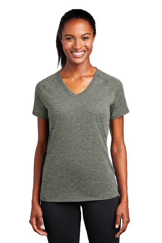 winter yellow T-shirts -Sport-Tek Womens Ultimate Performance Moisture Wicking Short Sleeve V-Neck T-Shirt - Heather Grey