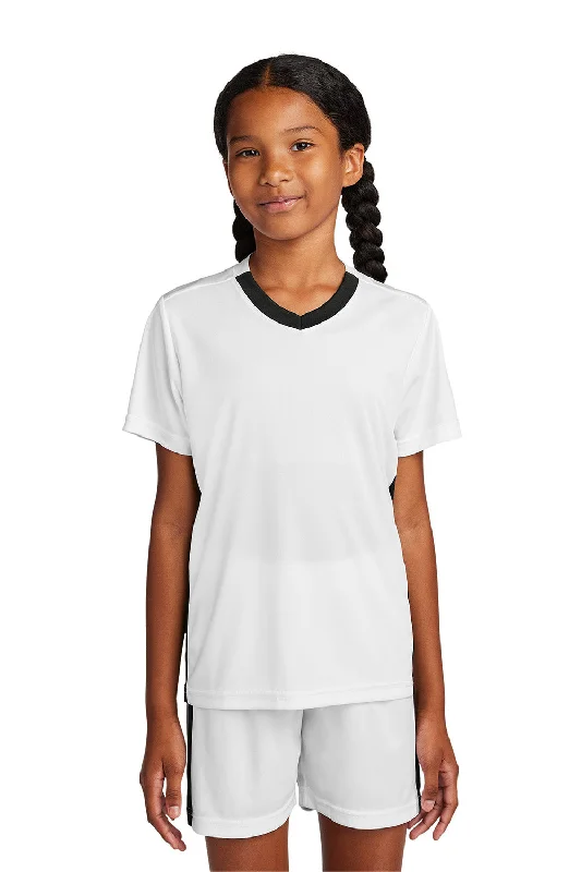 stylish beige T-shirts -Sport-Tek Youth Moisture Wicking Competitor United Short Sleeve V-Neck T-Shirt - White/Black - COMING SOON