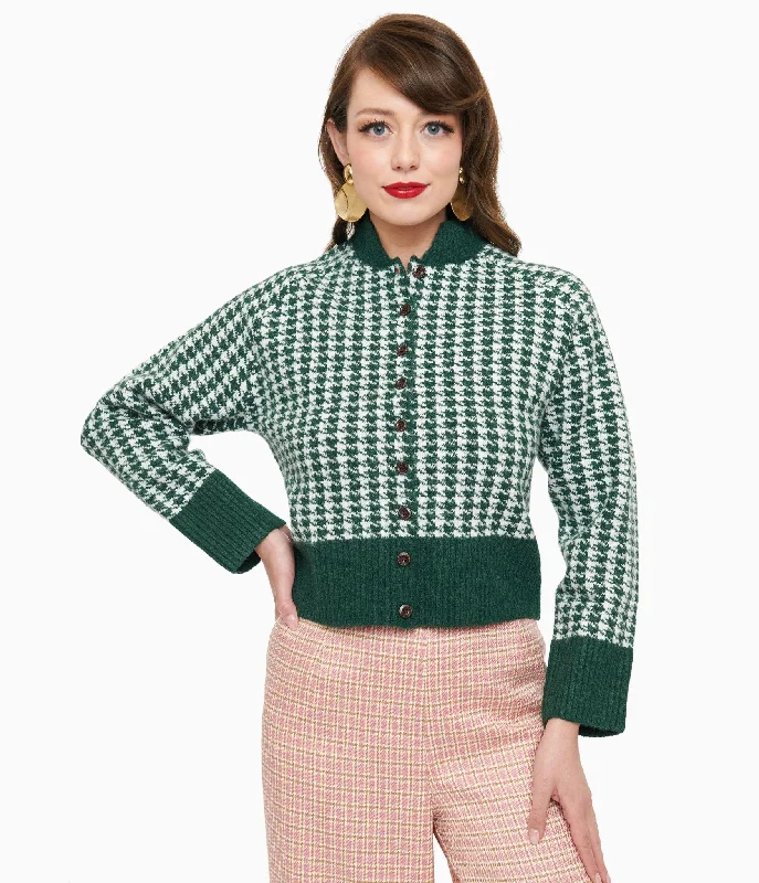 cardigan for events -1950s Green & White Houndstooth Hattie Cardigan