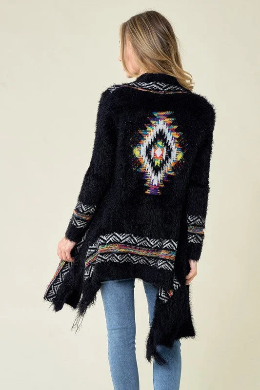 cardigan trendy 2025 -Aztec Rainbow Fuzzy Cardigan - Black