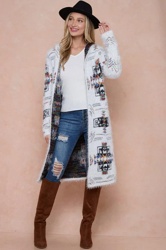 cardigan grey fashion -Aztec Rainbow Fuzzy Hoodie Long Cardigan - Ivory/Rainbow