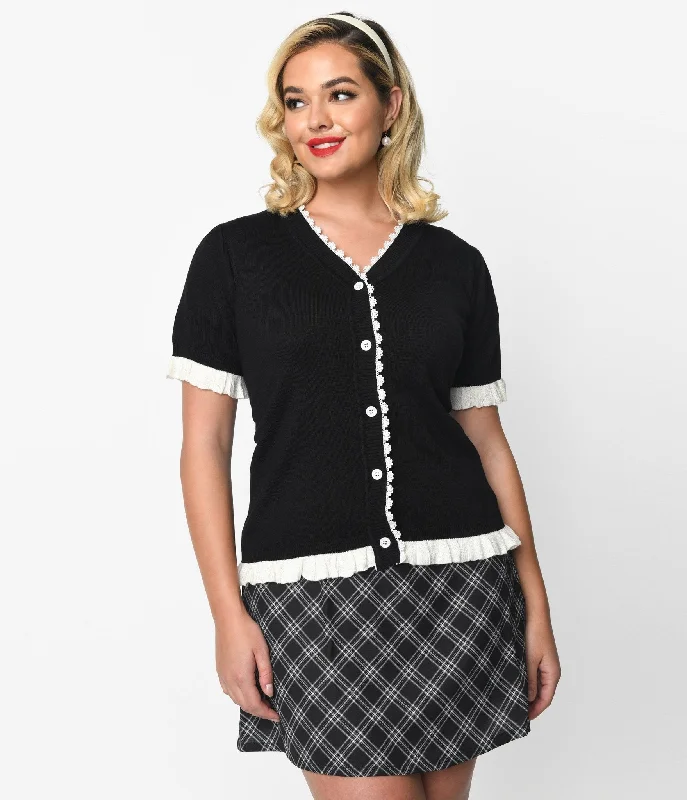 cardigan fall fashion -Black & White Frill Short Sleeve Cardigan