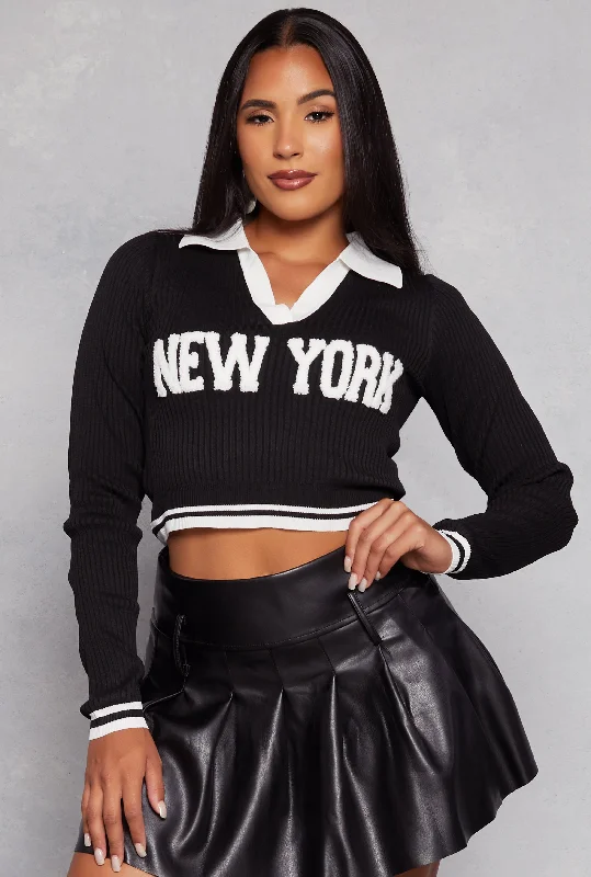 pullover sweater for autumn -Ribbed New York Chenille Graphic Cropped Sweater