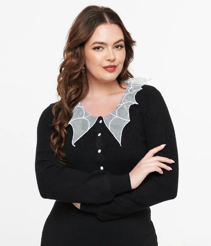 cardigan with fold -Black & White Spider Web Collar Cardigan