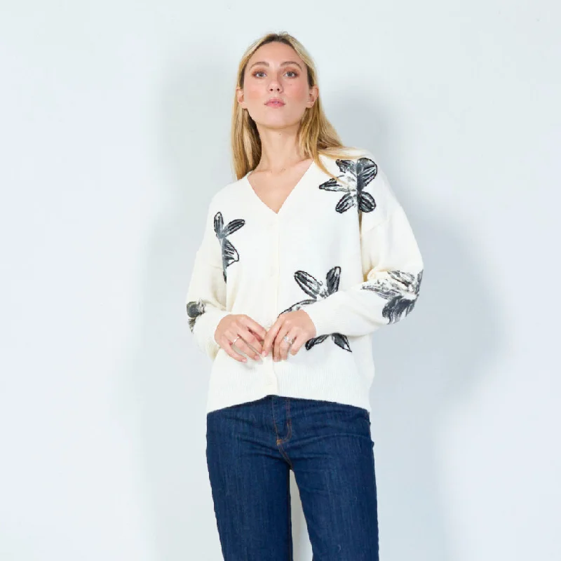 cardigan charcoal black -Bold floral print cardigan wholesale