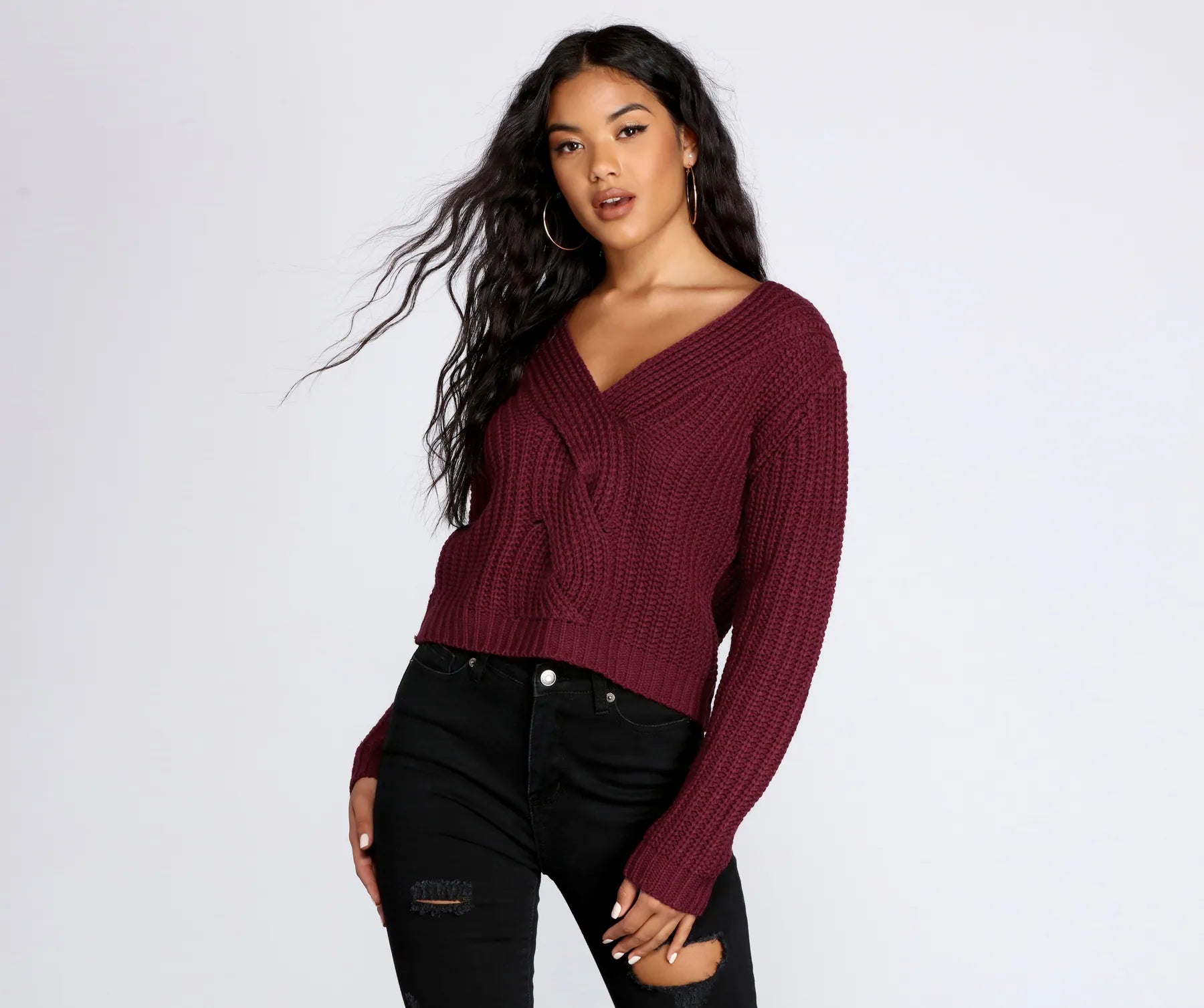 pullover sweater for mild -Braided Detail V-Neck Sweater