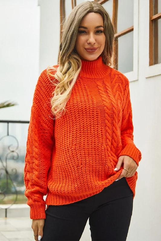 pullover sweater cashmere -Cable-Knit Turtle Neck Long Sleeve Sweater