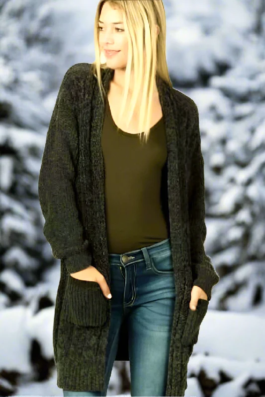 cardigan with trim -Chenille Cable Cardigan Sweater - Dark Olive