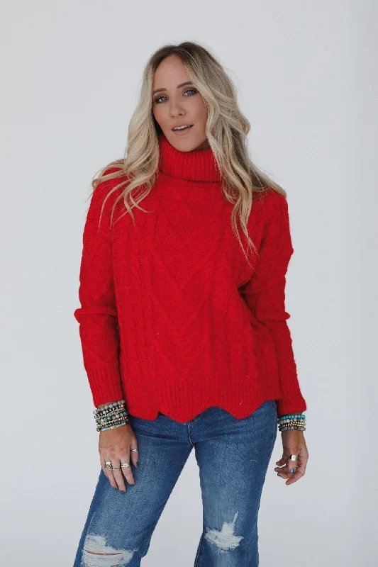 pullover sweater for hikes -Coffee Chats Scallop Hem Sweater - Ruby