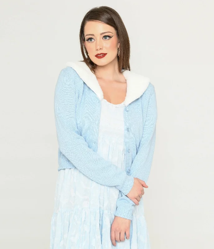 cardigan with panel -Collectif Light Blue & Faux Fur Collar Cardigan