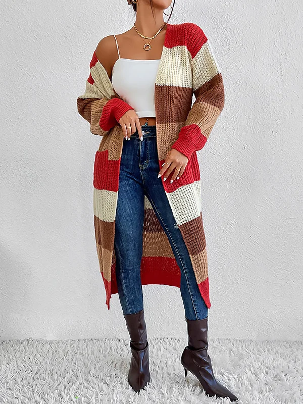 cardigan lightweight knit -Color Block Open Front Longline Cardigan