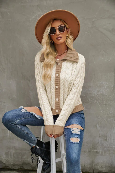 cardigan with knot -Contrast Collared Neck Cable-Knit Cardigan