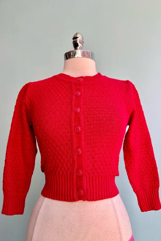 cardigan affordable price -Red Puff Sleeve Cropped Cardigan