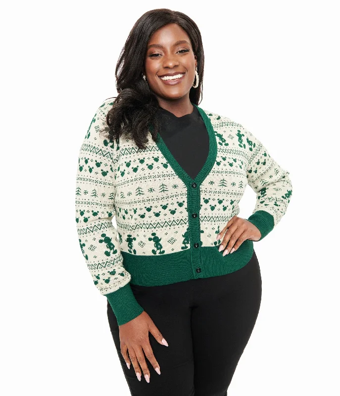 cardigan for school -Disney Holiday Collection by Unique Vintage Plus Size Green Mickey Fair Isle Jacquard Sweater Cardigan