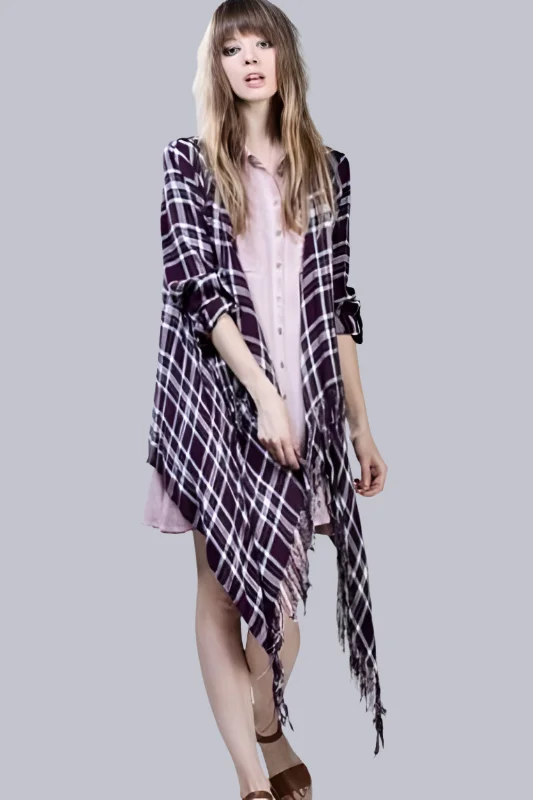 cardigan for casual events -En Creme Purple Plaid Fringe Long Sleeve Cardigan