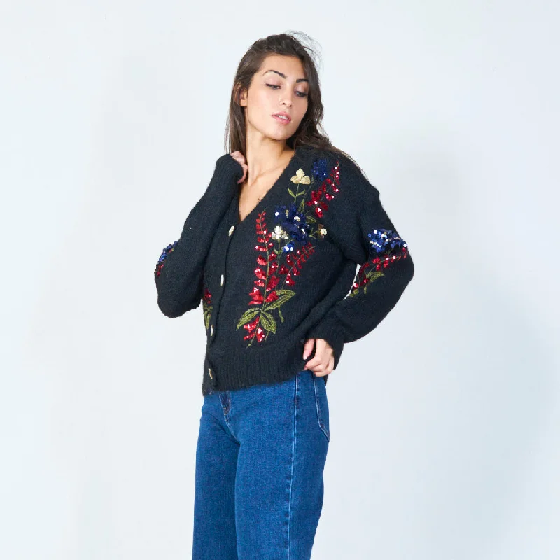 cardigan for cozy nights -Embroidered floral sequin cardigan wholesale