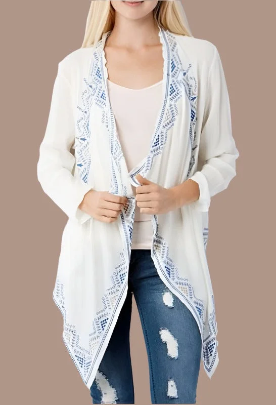 cardigan fuzzy texture -Entro Embroidered Drape Cardigan - Cream